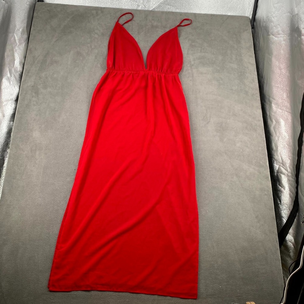 Boohoo Maxi Dress Womens‎ Medium Red Spaghetti Strap Plunge V Neck Side Slit